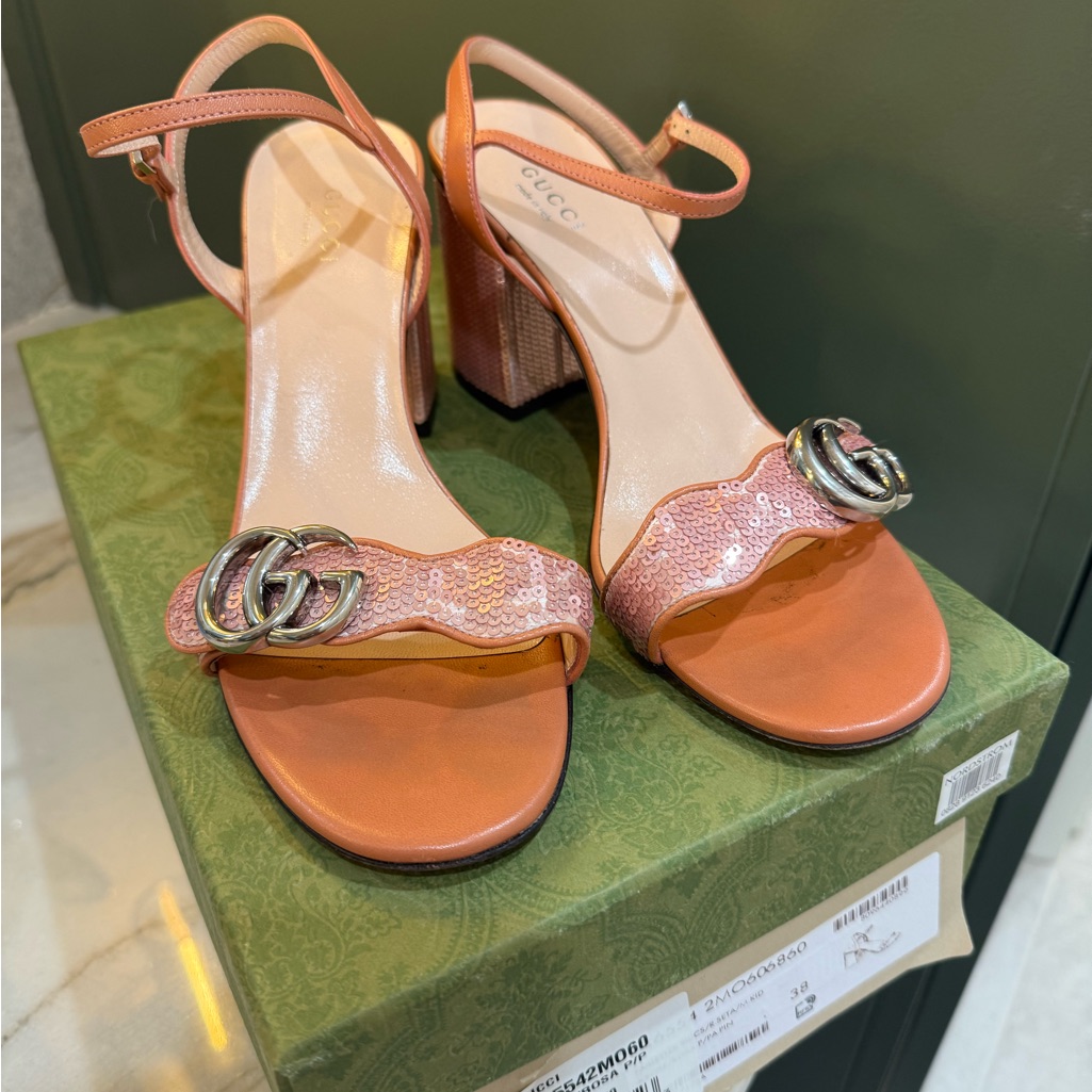 Gucci Pink Sequin Block Heel Sandals